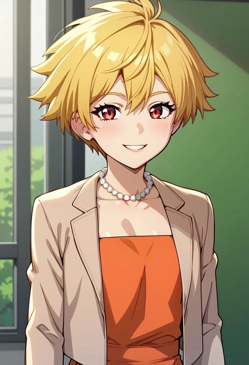 score_9, score_8_up, score_7_up, deep skin, shiny skin, (skindentation), (((highres))), (highly detailed, high resolution), , high quality, highres, source_anime, animification, anime screencap, saturation, vivid colors,, smile, cute, , sexy, LisaSimDT, 1girl, blonde hair, red eyes, short hair, brown jacket, strapless dress, orange dress, jewelry, necklace,, solo, smile
