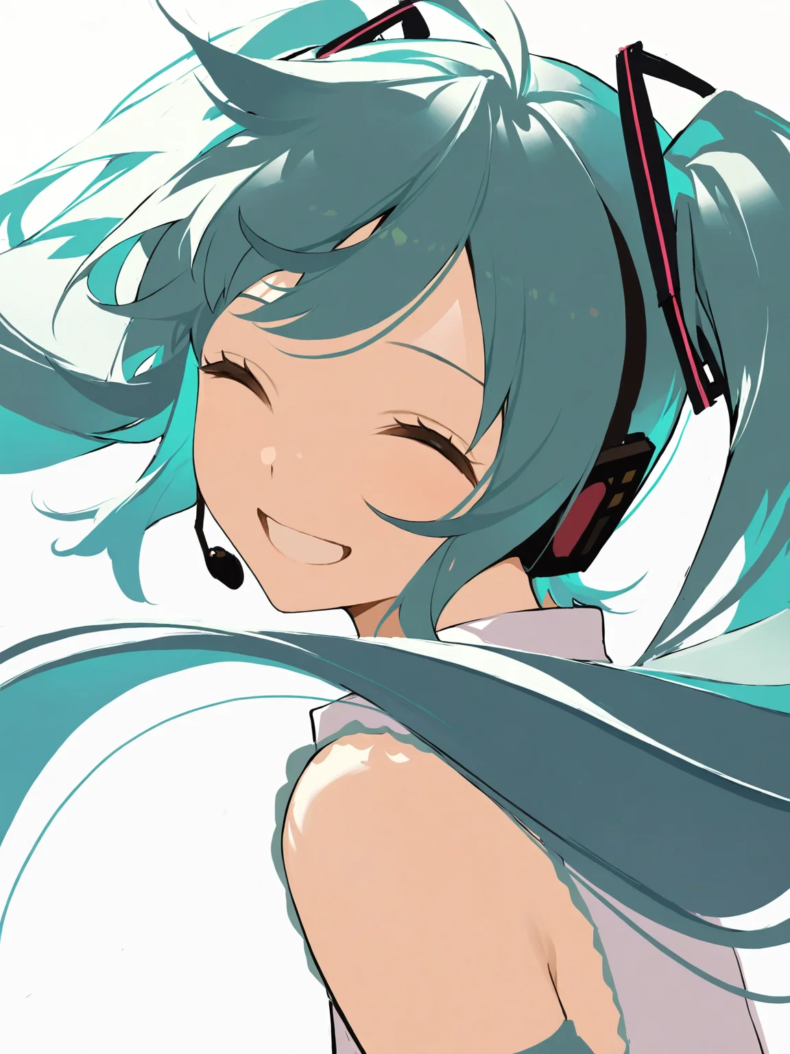 1girl,,1girl,solo,simple background,white background,hatsune miku,looking at viewer,closed eyes,smile,(headset:1.2),<lora:zhen:1.2>, masterpiece, best quality, very aesthetic, absurdres
