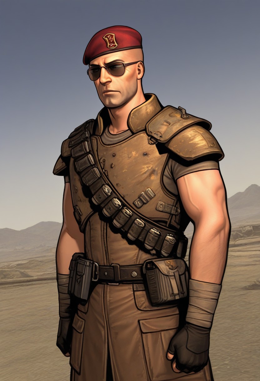 perfect anatomy, perfect proportions, best quality, masterpiece, high_resolution, high quality, best aesthetic, incredibly absurdres, highres, extremely detailed, huge filesize, solo male, adult, mature, masculine, manly, handsome, charming, alluring, upper body, dutch angle, cowboy shot, perfect face,  source_game \(Fallout: New Vegas\), official style \(Fallout: New Vegas\), Craig Boone, FNVBoone, bald, green eyes, Boone_Outfit03, 1st Recon survival armor, sunglasses, red beret, 1st Recon beret\(Fallout: New Vegas\), 1st Recon emblem\(Fallout: New Vegas\), tan facewrap, brown shoulder armor, brown breastplate, short sleeves undershirt, sleeveless brown coat, black fingerless gloves, wrist bandage, bandolier, cargo pants, belt pouch, combat boots, dynamic angle, Fallout: New Vegas location, post-apocalyptic ruins, desolated landscape, dark blue sky