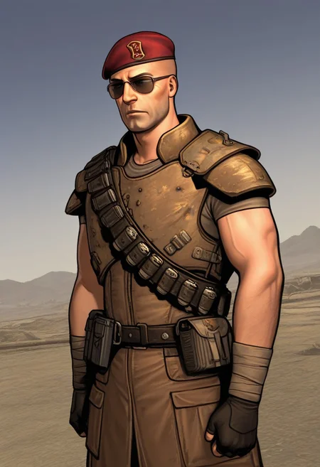 perfect anatomy, perfect proportions, best quality, masterpiece, high_resolution, high quality, best aesthetic, incredibly absurdres, highres, extremely detailed, huge filesize, solo male, adult, mature, masculine, manly, handsome, charming, alluring, upper body, dutch angle, cowboy shot, perfect face, source_game \(Fallout: New Vegas\), official style \(Fallout: New Vegas\), Craig Boone, FNVBoone, bald, green eyes, Boone_Outfit03, 1st Recon survival armor, sunglasses, red beret, 1st Recon beret\(Fallout: New Vegas\), 1st Recon emblem\(Fallout: New Vegas\), tan facewrap, brown shoulder armor, brown breastplate, short sleeves undershirt, sleeveless brown coat, black fingerless gloves, wrist bandage, bandolier, cargo pants, belt pouch, combat boots, dynamic angle, Fallout: New Vegas location, post-apocalyptic ruins, desolated landscape, dark blue sky