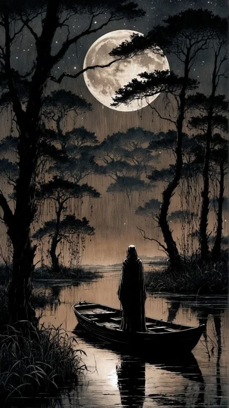 linquivera, Ink illustration, (anime:0.5), brown tones, aged black red paper, inkpunk, moonlight,surreal, a ghost standing on a boat in swampy wetlands, (at a distance), Will-o'-the-wisp, moonlit, lonely, solitude, windy, tall trees, willows, willowy, OverallDetail, extremely detailed, UHD,(long exposure , dystopian but extremely beautiful:1.4),<lora:- SDXL - letitflrsh_let_it_flourish_V1.0:0.8> ,<lora:Cute_Collectible:1>, <lora:XL_boss_battle:0.6> <lora:add-detail-xl:1>, <lora:Concept Art Twilight Style SDXL_LoRA_Pony Diffusion V6 XL:1>, <lora:MJ52:1>