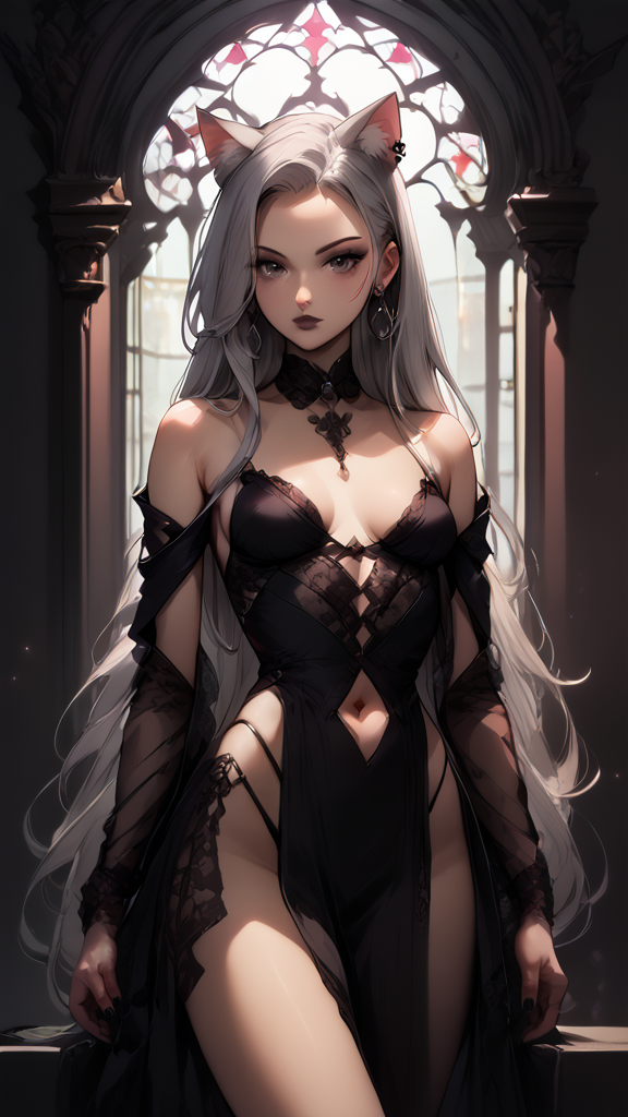 cat girl,evening gown,petite,grey hair,very long hair,small_breasts,
 <lora:Cat_Girls_PonyXL:0.8> Cat girl <lora:enhancerV4-pony1> 1girl, girl, <lora:Highleg_Panties_-_PonyXL:1> Highleg Panties, <lora:RengaComicPony:0.8> <lora:gg3:0.8> Goth girl, Goth girl 1girl, score_9,score_8_up,score_7_up,highres, masterpiece,