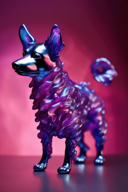<lora:Made Of Iridescent Foil:1>Made Of Iridescent Foil - a Mudi dog with Cuttlefish skin in a vibrant, shimmering color, blending hues of deep violet, pink and crimson. The surface of the skin is smooth and slightly translucent, revealing the intricate patterns that run through it. Swirling patterns reminiscent of clouds of smoke wrap around the skin, creating an effect of movement and fluidity. The light reflects beautifully on the surface, creating fascinating plays of shadows and reflections. Photography, 100mm macro lens