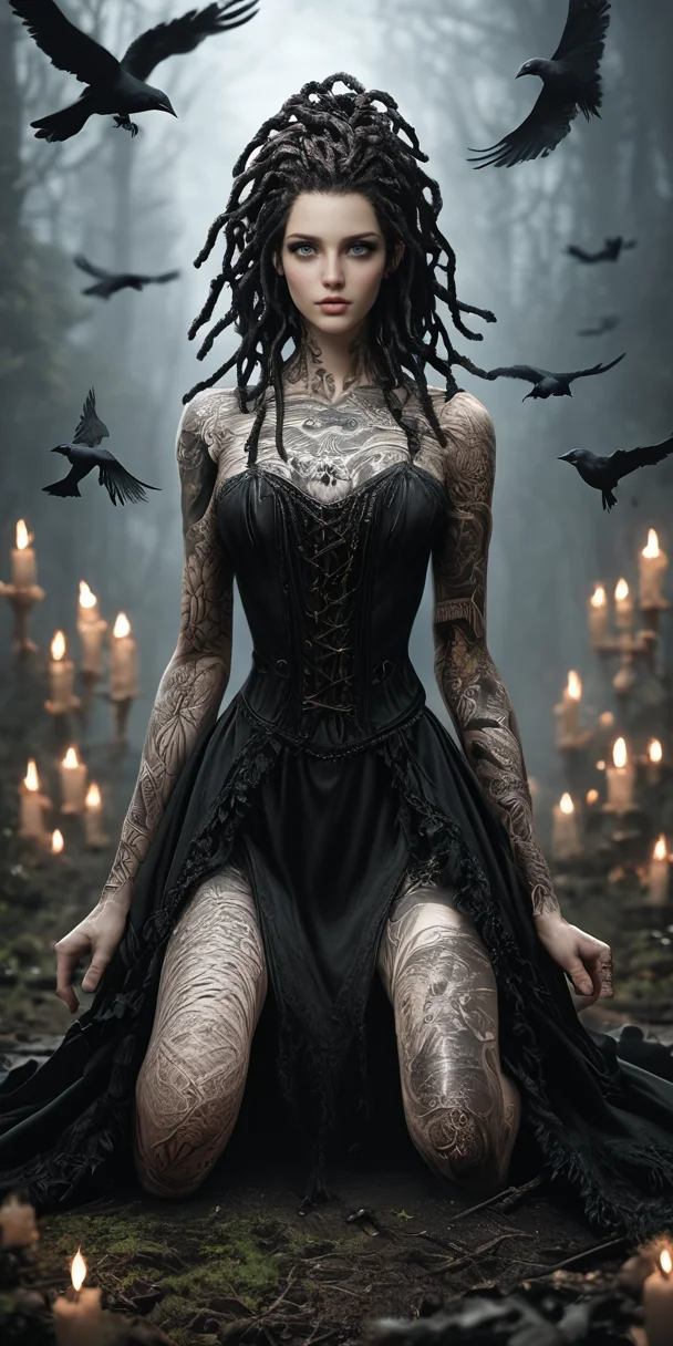 PonyScores7, perfect composition, perfect face, 1girl, realistic, photo, dramatic, dynamic action, action, acrobatic, contortionist, solo, dreadlocks, heterochromia, slender, w1+ch, outdoors,breasts, realistic breasts, small ass, slender, casting spell, stick, candle , crow, chain, leather, dress, victorian, gothic, sensual, kneeling, sitting, tattoo, <lora:Witch3:1> rule of thirds composition, offcenter subject, femal focus, depth of field, receding background, blurry background <lora:eldringpxl:0.5> eldringpxl, elden ring