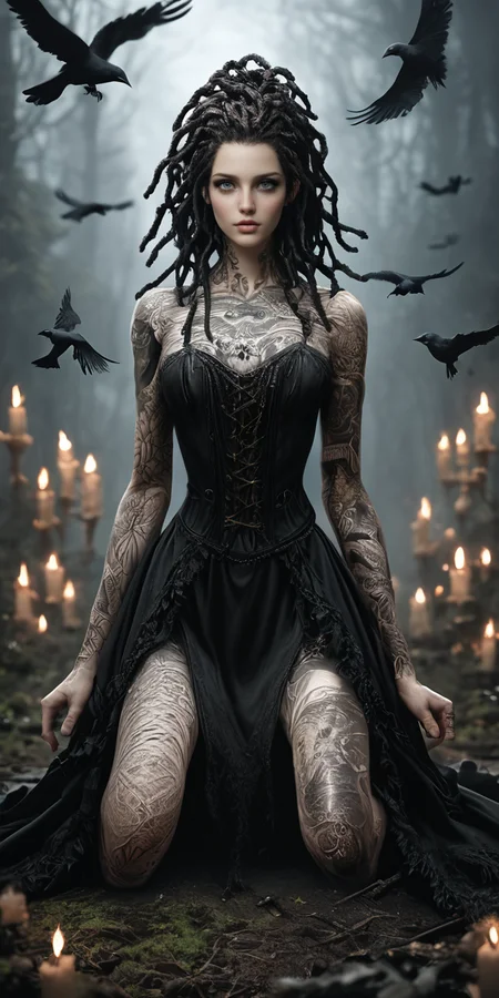 PonyScores7, perfect composition, perfect face, 1girl, realistic, photo, dramatic, dynamic action, action, acrobatic, contortionist, solo, dreadlocks, heterochromia, slender, w1+ch, outdoors,breasts, realistic breasts, small ass, slender, casting spell, stick, candle , crow, chain, leather, dress, victorian, gothic, sensual, kneeling, sitting, tattoo, <lora:Witch3:1> rule of thirds composition, offcenter subject, femal focus, depth of field, receding background, blurry background <lora:eldringpxl:0.5> eldringpxl, elden ring