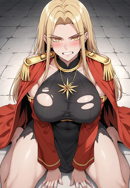 safe_pos, score_9, score_8_up, score_7_up, source_anime, rating_explicit, 1girl, breasts, skirt, thighhighs, solo,1girl, breasts, Victoria,1girl, mature female, (huge breasts:1.3),(military uniform:1.3), red coat, black thighhighs, gloves, red skirtred_cape, blonde_hair, solo, long_hair, cape, dress, clenched_teeth, small_head, yellow_eyes, glaring, looking_at_viewer, angry, stone_floor, teeth, kneeling, (black_dress:1.5), barefoot, covered_navel, covered nipples,sweat, scowl, parted_bangs, thighs, bare_legs, covered_breasts, bangs, sitting, v-shaped_eyebrows, blush, japanese animation, absurdres, toned, black_hair_tie, high contrast, aesthetic, toned, vivid color, muscular, (wide_shoulders:1.2), (tall_girl:1.2), wide hips, 2d, thighs, beautiful, sexy, black_clothes, crossed arms,cute_face,open_mouth,bangs, (thick_thighs:1.2), (huge_hips:1.2), (large shoulders:1.2), finely detailed beautiful eyes, finely detailed face,delicate facial features, (tall:1.4), small head, beautiful eyes and detailed face,toned,(healthy_body:1.2), (best quality, high quality, masterpiece, hyper detail, detailed face,detailed_eyes,detailed_pupils:1.3), collarbone, (detailed_eyes:1.5) ,(masterpiece:1.7),(high quality:1.7), same_eyes,same_pupils,(clear:1.5), detailed_eyes, collarbone, bangs, detailed_eyes, black_clothes, detailed_arms, amazing quality, (large_shoulders:1.4), epaulettes, wariza, (torn_clothes:1.5), upper body, covered_shoulders, muscle, broken floor