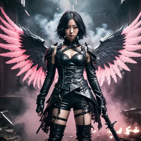 (K-pop idol name) as a dark anime anti-hero, (revealing battle outfit:1.3) with leather and lace, weapons, wings, defiant expression, smoky battlefield background, dramatic pose, desaturated color palette with pops of neon, harsh lighting, detailed textures