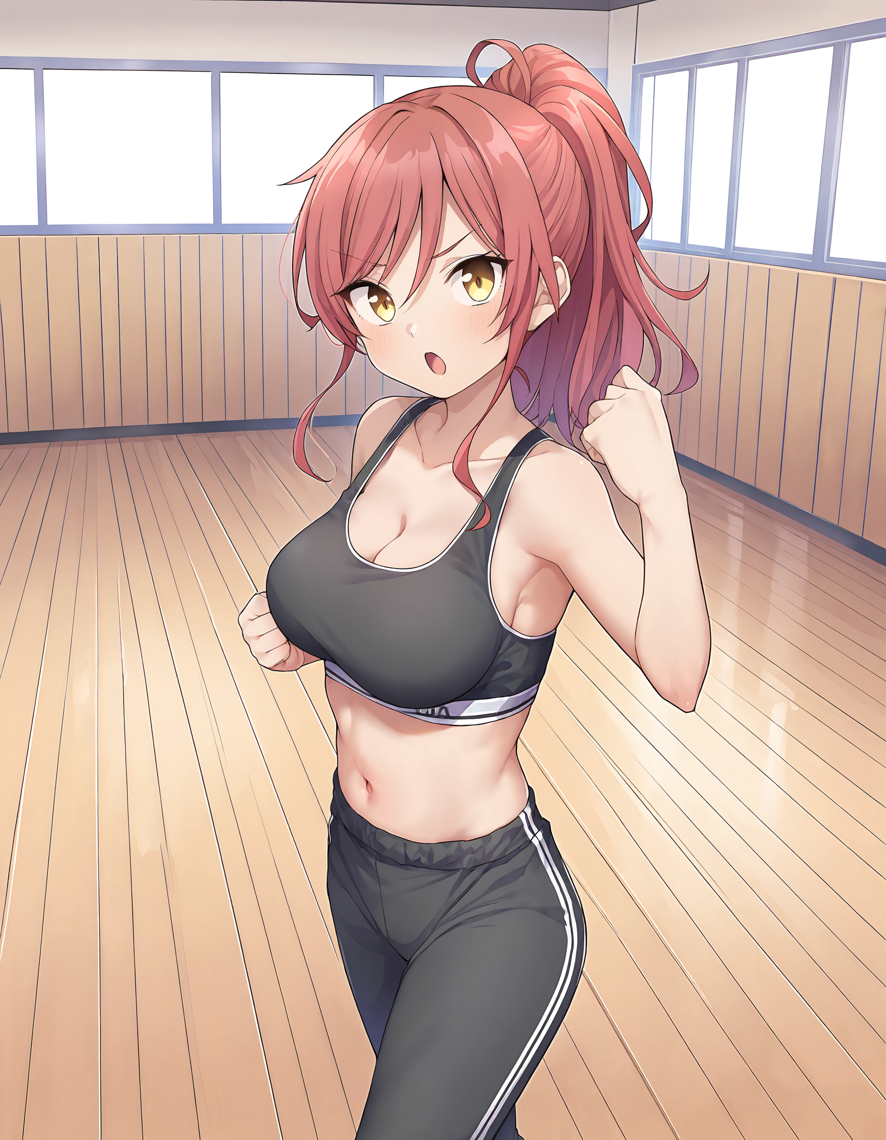((ultra-detailed)), ((best quality)), ((beautiful eyes)), ((extremely detailed)), 4K, (8K), best quality, (beautiful), Master piece, highres, best quality, official art, highres, masterpiece, newest,1girl, mature female, solo, yellow eyes, ponytail, red hair, medium breasts, :O, only underwear, black leggings, skindentation, black bra, sports bra, practicing karate, dojo, indoors, wooden walls, wooden floor, punch, dynamic view, detailed background, lighting, standing,