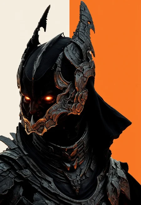 S1n0z1ck style, extremem Closeup of an retro Pixel art Ninja, flat color two toned in bleaked orange, white and Grey, showing the silhouette of batman in his iconic cloak and mask. in Relief high collar metal armor, cinematic lighting, insane details, hyperrealistic extreme closeup macro photography, 64 megapixel DSLR