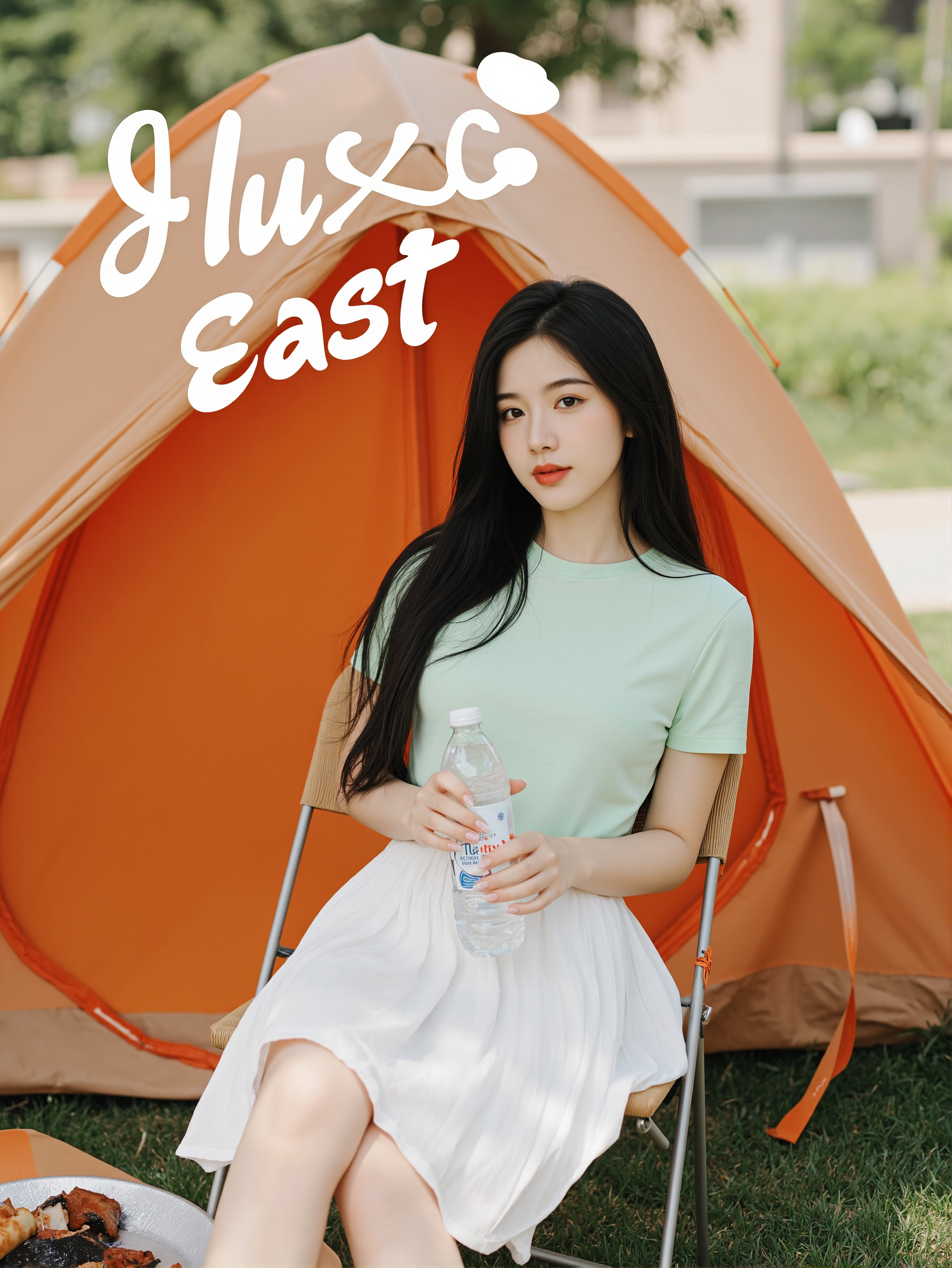 This is a clear, everyday style photo with a high degree of clarity. In the photo, we see a young woman sitting on a chair next to an outdoor tent. She is wearing a light green short-sleeved T-shirt and a white pleated skirt, with white sports shoes on her feet. Her hair is black, flowing over her shoulders, and it looks smooth and shiny. In her hand, she holds a bottle of mineral water, perhaps taking a break or enjoying outdoor time. Under her feet, we can see some grilled food, which may be prepared for a picnic. The entire scene gives a relaxed and pleasant feeling.
There is a prominent artistic font above the picture, which reads' fluxEast 'in English