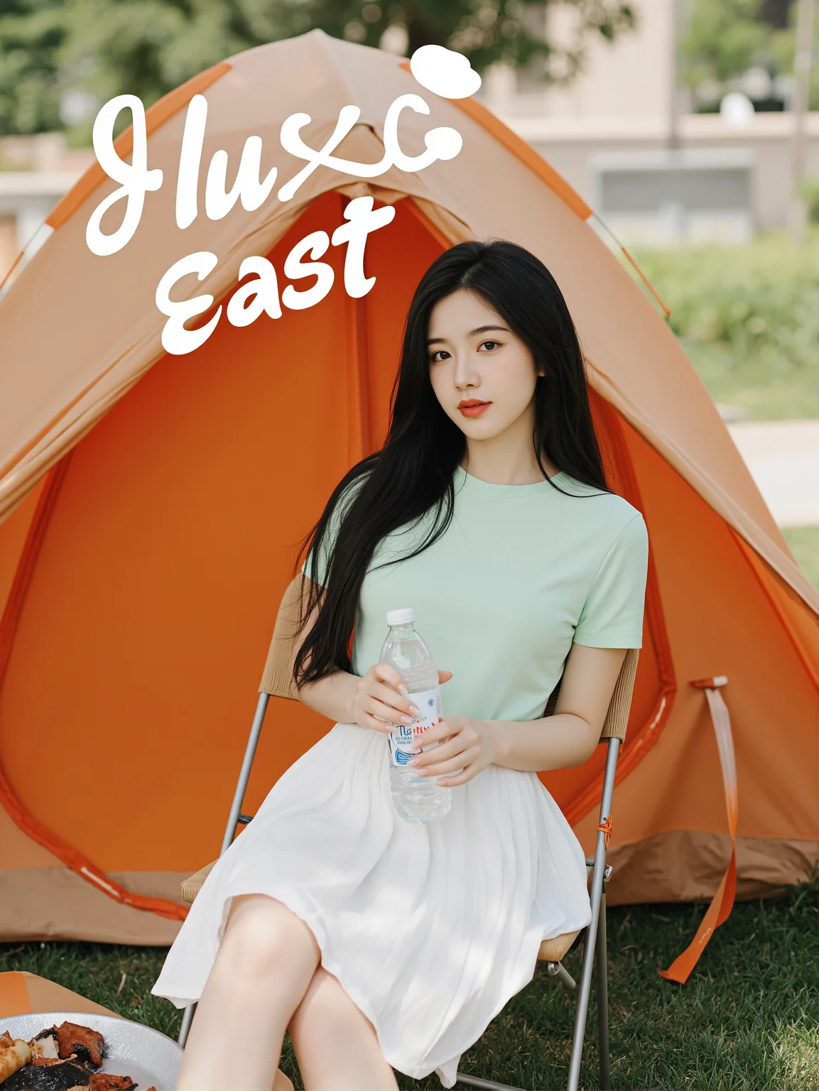 This is a clear, everyday style photo with a high degree of clarity. In the photo, we see a young woman sitting on a chair next to an outdoor tent. She is wearing a light green short-sleeved T-shirt and a white pleated skirt, with white sports shoes on her feet. Her hair is black, flowing over her shoulders, and it looks smooth and shiny. In her hand, she holds a bottle of mineral water, perhaps taking a break or enjoying outdoor time. Under her feet, we can see some grilled food, which may be prepared for a picnic. The entire scene gives a relaxed and pleasant feeling.
There is a prominent artistic font above the picture, which reads' fluxEast 'in English