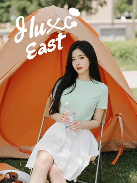 This is a clear, everyday style photo with a high degree of clarity. In the photo, we see a young woman sitting on a chair next to an outdoor tent. She is wearing a light green short-sleeved T-shirt and a white pleated skirt, with white sports shoes on her feet. Her hair is black, flowing over her shoulders, and it looks smooth and shiny. In her hand, she holds a bottle of mineral water, perhaps taking a break or enjoying outdoor time. Under her feet, we can see some grilled food, which may be prepared for a picnic. The entire scene gives a relaxed and pleasant feeling.
There is a prominent artistic font above the picture, which reads' fluxEast 'in English