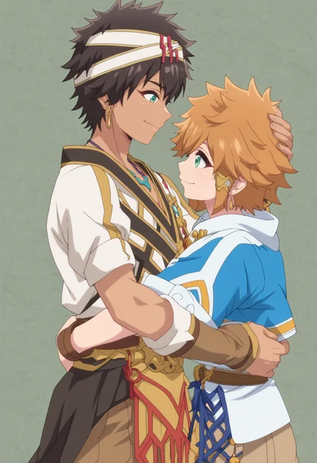 masterpiece,best quality,newest,absurdres,highres,2boys,multiple boys,smile,standing,looking at another,male focus BREAK lloyd belladonna,(blue cropped jacket:0.8),(white tunic:0.8),bracer BREAK shoma,headband,jewelry,necklace,shoulder strap,pelvic curtain,white-black t-shirt,brown pants,anime screenshot,(height difference:0.3),hug,upper body,hand on another's head,<lora:lasdanV2_noob:1>,