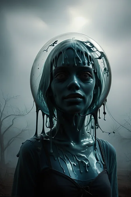 <lora:DonMGl00myN1gh7m4r3XL:1> DonMGl00myN1gh7m4r3XL, Dark, Cimmerian, Crepuscular, Dim, Dreary, Dusky, Eerie, Funereal, Gloomy, Murky, Obscure, Opaque, Penumbra, Sombre, Shadowy, Shady, Somber, Stygian, Tenebrous, Twilight, Umbral, score_9, score_8_up, score_7_up, score_6_up, score_5_up, score_4_up, <lora:K040790P:0.8> 040790P, woman, 24 years old, <lora:Breast Slider - Pony_alpha1.0_rank4_noxattn_last:0.3>, <lora:wizardslimev15-t:1> wizardslimus, slime skin, transparent head, transparent body, transparent hair, transparent face, transparent, slime girl