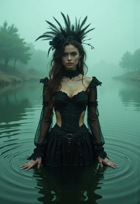 iphone photo A photo of an eccentric Aztec queen with waist submerged in water , In a magical lake, black haute couture, black lace veil, symmetry, France, foggy summer night, pastel green and pink colors
(photorealistic:1.25), UHD, (shot on a Sony A7III:1.25), optimal photography, . large depth of field, deep depth of field, highly detailed