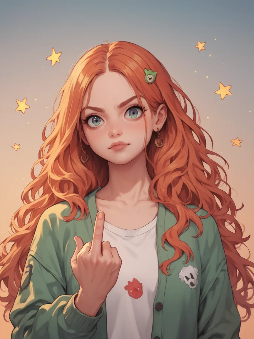 score_9, score_8_up, score_7_up, score_6_up, score_5_up, score_4_up, <lora:c0l0urc0r3XLP2:0.8> c0l0urc0r3, cute, bright colours, middle finger, 1girl, long hair, ginger, harajuku