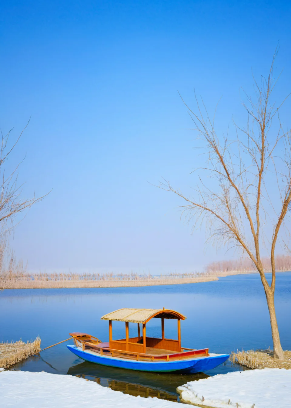 <lora:ç½æ´æ·:1>,Baiyangdian Lake, no humans, scenery, outdoors, sky, grass, snow, day, water, watercraft, nature, tree, blue sky, boat, bare tree, mountain, landscape, masterpiece, best quality,