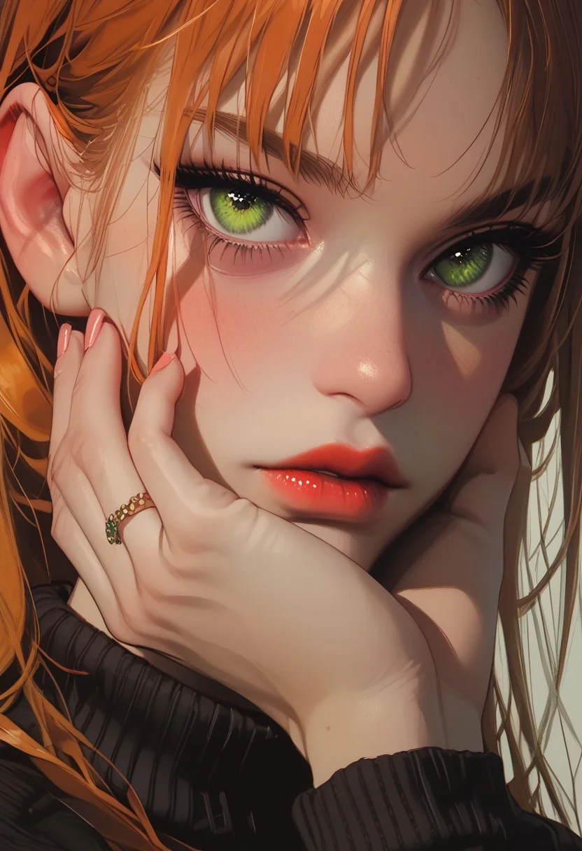 score_9, score_8_up, score_7_up, score_6_up, score_5_up, 1girl, long hair, orange hair, green eyes, (perfect round face), blush, looking at viewer, Detailed, intimate, clear, personal, highly contrasted, (hand on neck), sweater, athletic, dark red lipstick, face focus, close up,