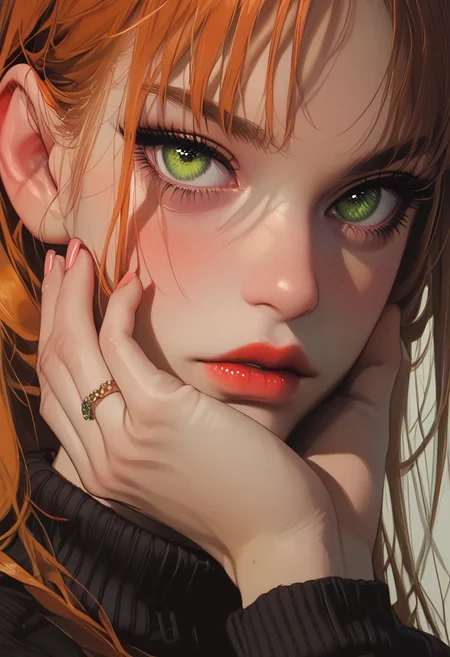 score_9, score_8_up, score_7_up, score_6_up, score_5_up, 1girl, long hair, orange hair, green eyes, (perfect round face), blush, looking at viewer, Detailed, intimate, clear, personal, highly contrasted, (hand on neck), sweater, athletic, dark red lipstick, face focus, close up,