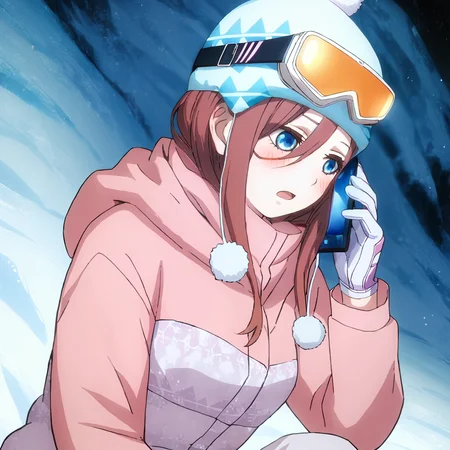 sharp focus, pixiv masterpiece, intricate details, source_anime, score_8_up, score_7_up, score_9, 1girl, M1kuNakan0_PXL, pom-pom_winter_hat, ski_goggles, winter_jacket, winter_pants, winter_gloves, bangs, blushing, slightly open mouth, ,<lora:Miku_Nakano_PonyXL_15:1>, close-up, holding phone, sitting