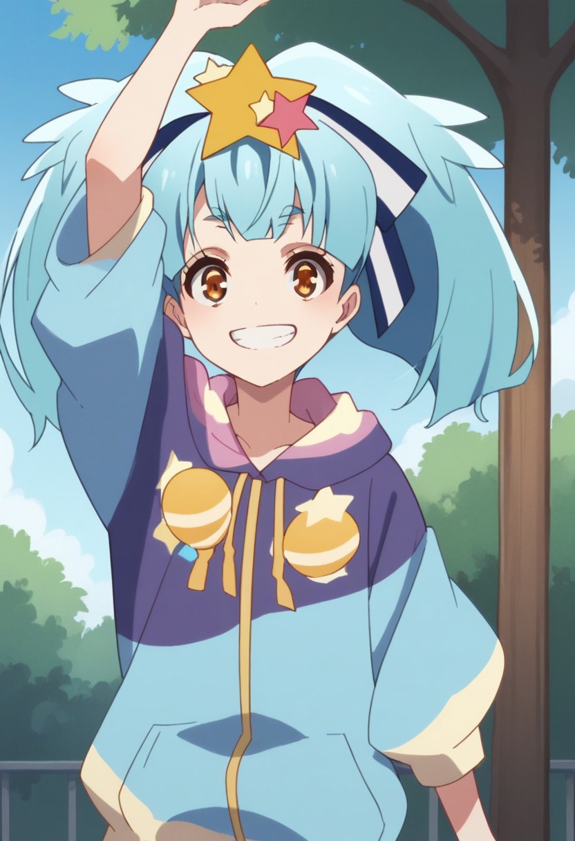score_9, score_8_up, score_7_up, source_anime, highly detailed, 
lilyhoshikawa, 1girl, hair ornament, star hair ornament, star (symbol), solo, smile,
twintails, hoodie, grin, hair ribbon, arm up, blue hair, ribbon, brown eyes,
hood, aqua hair, long hair, upper body,
outdoor, sky, tree