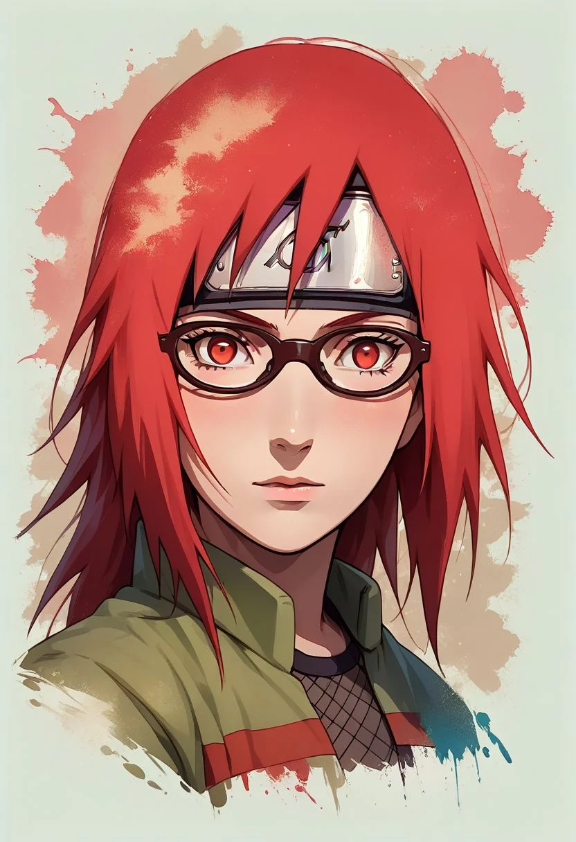 Faded Headshot, faded bottom, faded edges ,score_9,score_8_up,score_7_up,score_6_up,score_5_up,
1girl, karin uzumaki, genin, \(Naruto\), red eyes, red hair, short and spiky hair on the right side, longer and straight hair on the left side, glasses,
Fishnet top, fishnets, fishnet tights, green jacket, short sleeves, brown skirt, skirt, kusagakure symbol, toeless footwear,
digital illustration, disney, rule 63, full body, perfect anatomy, perfect face, abstract beauty, beautiful, centered, looking at the camera, approaching perfection, dynamic, moonlight, highly detailed, watercolor painting, artstation, concept art, smooth, sharp focus, illustration,
(upper body:1.2), (close up:1.5), portrait, rated_safe,
