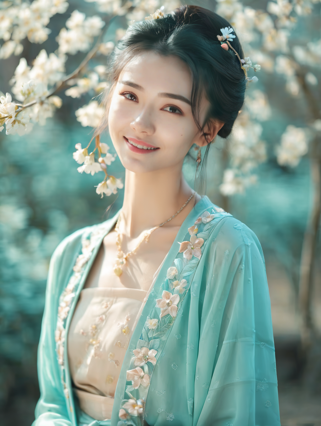 cinematic photo A beautiful girl,sweet smile,light cyan,spring, beautiful sunshine, pretty light, beautiful face,highly detailed,szhf dress  <lora:szhf:0.8> . 35mm photograph, film, bokeh, professional, 4k, highly detailed