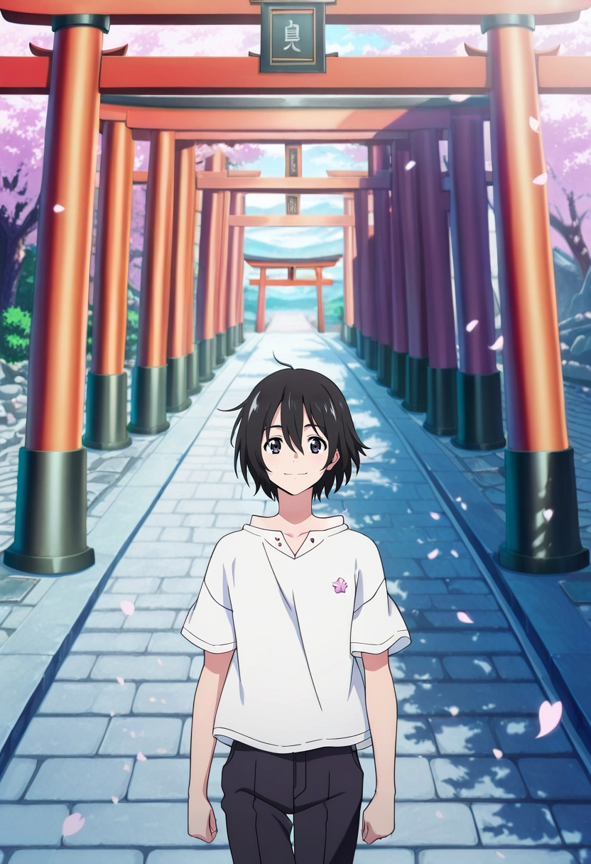 masterpiece, best quality, anime screencap, official style, anime coloring, cowboy shot, 1boy, solo, male focus, <lora:mio_chibana_ilxl:1>, mio_chibana, black hair, black eyes, short hair, hair between eyes, , cherry blossom tunnel, falling petals, stone path, torii gate, walking pose, peaceful smile, dawn,