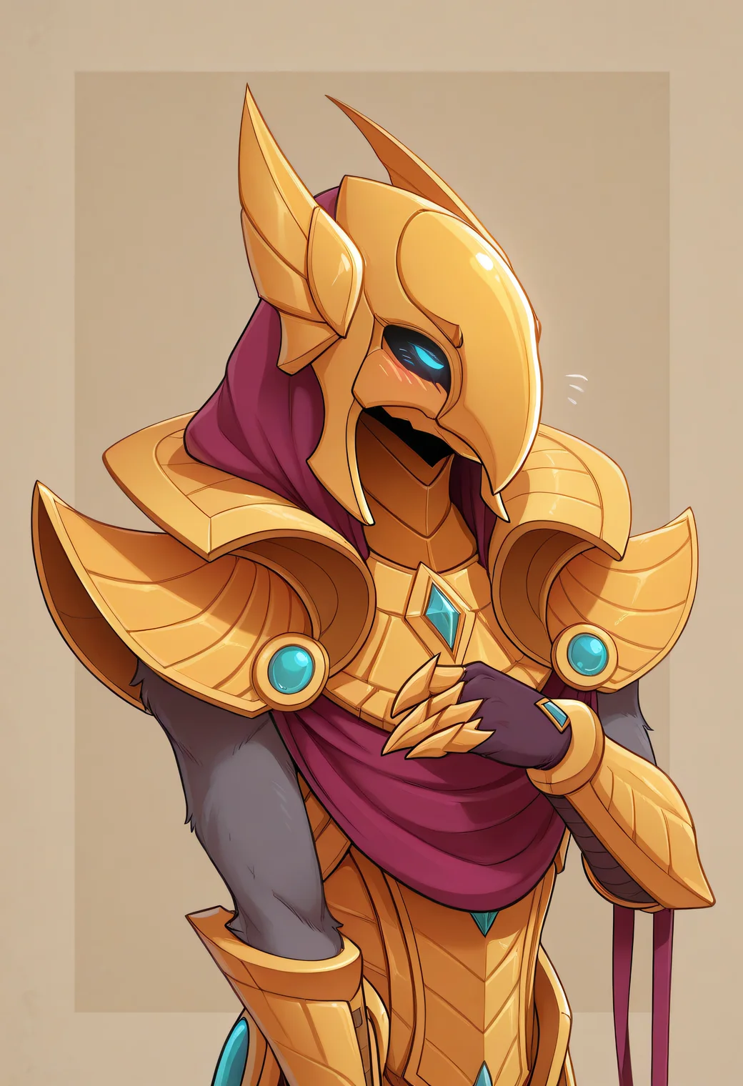 masterpiece, best quality, amazing quality, very aesthetic, absurdres, fkstyle,
1boy, azir, helmet, male focus, armor, shoulder armor, armor, solo, gauntlets, claws, blue eyes, grey fur, glowing eyes, cloak, shy, looking away, simple background, gesture, upper body, (blush) <lora:Azir_IL:0.8> <lora:fluffkevlar_style_illustrious_v1.7:0.6>