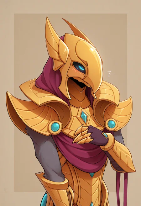 masterpiece, best quality, amazing quality, very aesthetic, absurdres, fkstyle,
1boy, azir, helmet, male focus, armor, shoulder armor, armor, solo, gauntlets, claws, blue eyes, grey fur, glowing eyes, cloak, shy, looking away, simple background, gesture, upper body, (blush) <lora:Azir_IL:0.8> <lora:fluffkevlar_style_illustrious_v1.7:0.6>