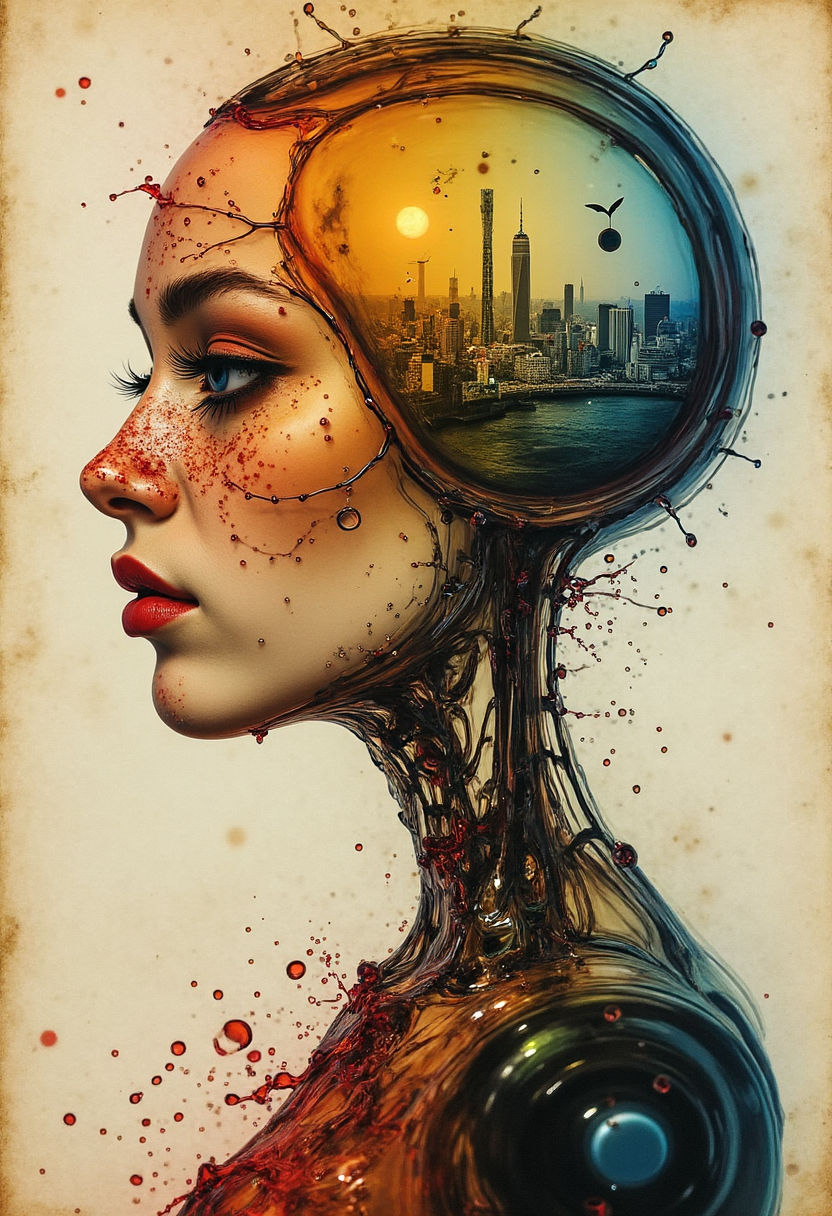In the shape and style of a yfg-dr0p water drop splash photo of a , artistic robotic body, podcast microphone in hand, masterpiece portrait cinematic magic Art Nouveau collage by Mucha flat perspective, high contrast, hyper realistic, intricate details, dynamic intricate pose made of swirling colors on cracked scars and wounds close up dynamic color blood on the face abstract expressionism alcohol ink drawing double exposure swirling spiral diptych two parts in one art landscape ink cinematic portrait on cracked old antique burned paper, transparent earth panorama poster ultra detailed complex print transparent illustration detailed perfect face city lights, city panorama red sunset dynamic movement Craola Kuindzhi Dan Mumford Andy Kehoe expressive brushstrokes mixed with wash masterpiece, transparence intricate lighting, dynamic shadow play sparks, high deepness cinematic foggy