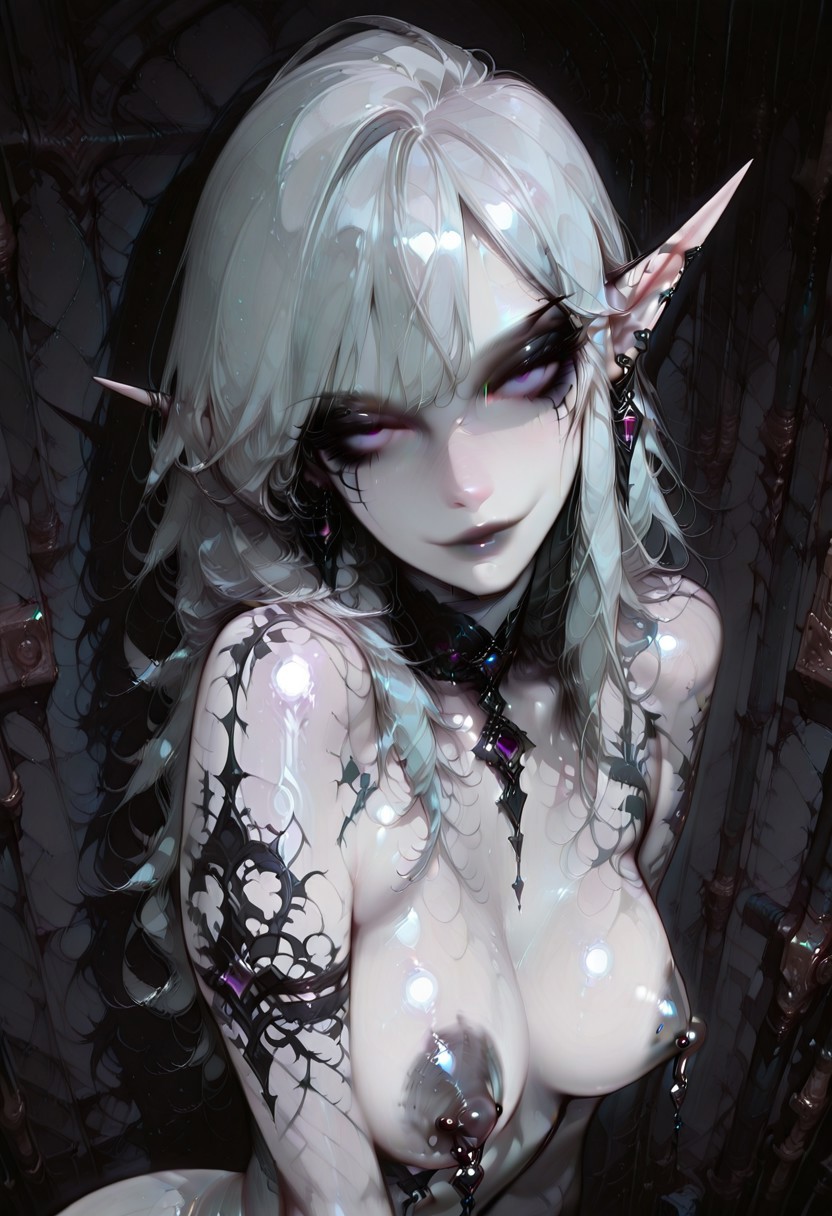 masterpiece, best quality, very aesthetic, Banji Style, Banji Elf, dark, 1girl, full_body_nude, pale_skin_tone, nude, piercing_nipple, seductive_expression,