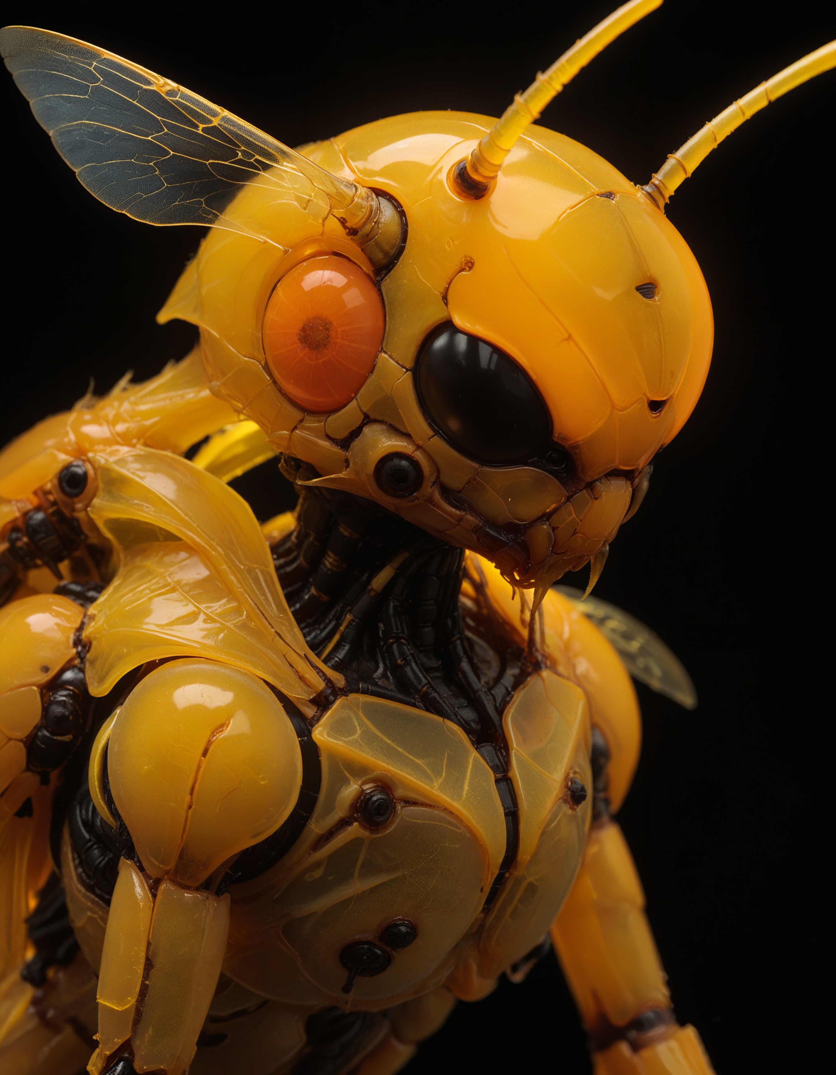hyper realistic and highly detailed, by Annie Leibovitz and Sachin Teng, (subsurface scattering, translucent, neon yellow/neon orange sss:1.4), closeup macro shot of a hornet, phenomenally beautiful, award winning, film grain, dramatic lighting, movie still frame, depth of field, deep shadows, chiaroscuro, black background (masterful, professional, intricate details, masterpiece, best quality:1.5)
<lora:add-detail-xl:0.5> <lora:xl_more_art-full_v1:0.5> <lora:sss:0.7>  <lora:- SDXL - vntblk_vanta_shapes_V1.0:0.8> vntblk, black, dark, background