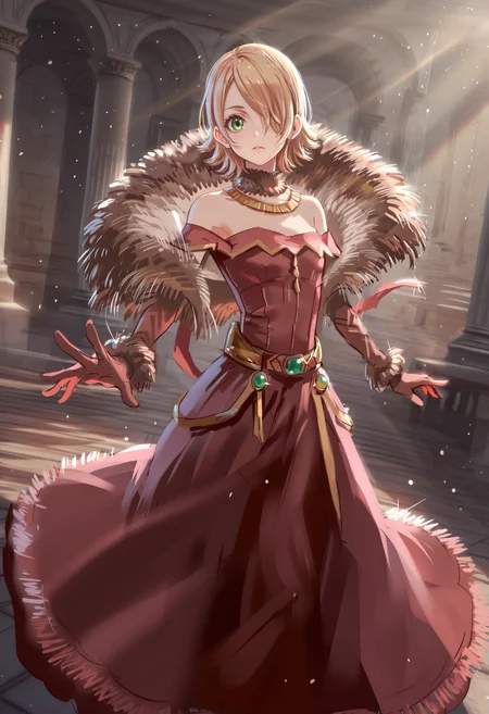 score_9,score_8_up,score_7_up BREAK 1girl,solo,foreshortening,dynamic_angle,source_anime,rating_questionable,dynamic_pose,<lora:SlimesFemGinro:0.8>,slimes_femginro,green eyes,hair over one eye,<lora:Gremory_Outfit_-_Fire_Emblem_Three_Houses:0.8>,gr3mory,fur trim,bare shoulders,off-shoulder dress,long dress,jewelry,elbow gloves,light_rays,<lora:artist_gawako_pony_re2:0.8>,gawako,<lora:å¨æå§¿å¿æ»åDynamicPose_alpha1.0_rank4_noxattn_100steps:2>,