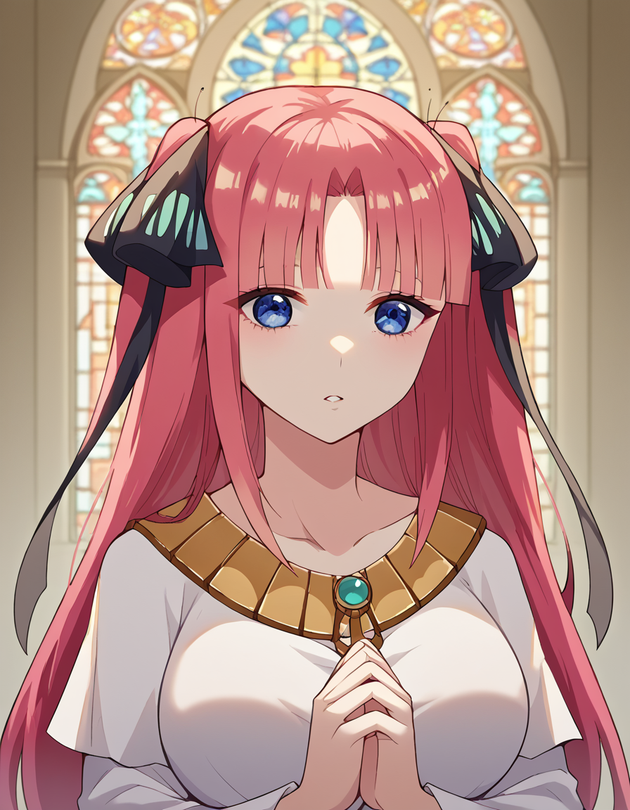 score_9, score_8_up, score_7_up, source_anime, <lora:nnakano-s2-ponyxl-lora-nochekaiser:1>, long hair, bangs, blue eyes, hair ornament, hair ribbon, pink hair, blunt bangs, two side up, butterfly hair ornament, large breasts,, <lora:buddhist-nun-ponyxl-lora-nochekaiser:1>, buddhist nun, nun, habit, vitakra mudra, mudra, coif, gold necklace, priestess,, church, parted lips, praying,, cowboy shot