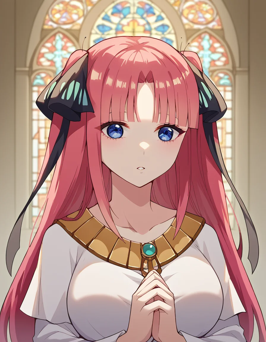 score_9, score_8_up, score_7_up, source_anime, <lora:nnakano-s2-ponyxl-lora-nochekaiser:1>, long hair, bangs, blue eyes, hair ornament, hair ribbon, pink hair, blunt bangs, two side up, butterfly hair ornament, large breasts,, <lora:buddhist-nun-ponyxl-lora-nochekaiser:1>, buddhist nun, nun, habit, vitakra mudra, mudra, coif, gold necklace, priestess,, church, parted lips, praying,, cowboy shot