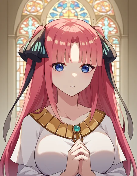 score_9, score_8_up, score_7_up, source_anime, <lora:nnakano-s2-ponyxl-lora-nochekaiser:1>, long hair, bangs, blue eyes, hair ornament, hair ribbon, pink hair, blunt bangs, two side up, butterfly hair ornament, large breasts,, <lora:buddhist-nun-ponyxl-lora-nochekaiser:1>, buddhist nun, nun, habit, vitakra mudra, mudra, coif, gold necklace, priestess,, church, parted lips, praying,, cowboy shot