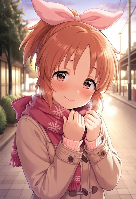 masterpiece,best quality,amazing quality, abe nana, brown hair, brown eyes, ponytail, 1girl, solo, scarf, blush, looking at viewer, hair bow, outdoors, smile, depth of field, upper body, bow, long sleeves