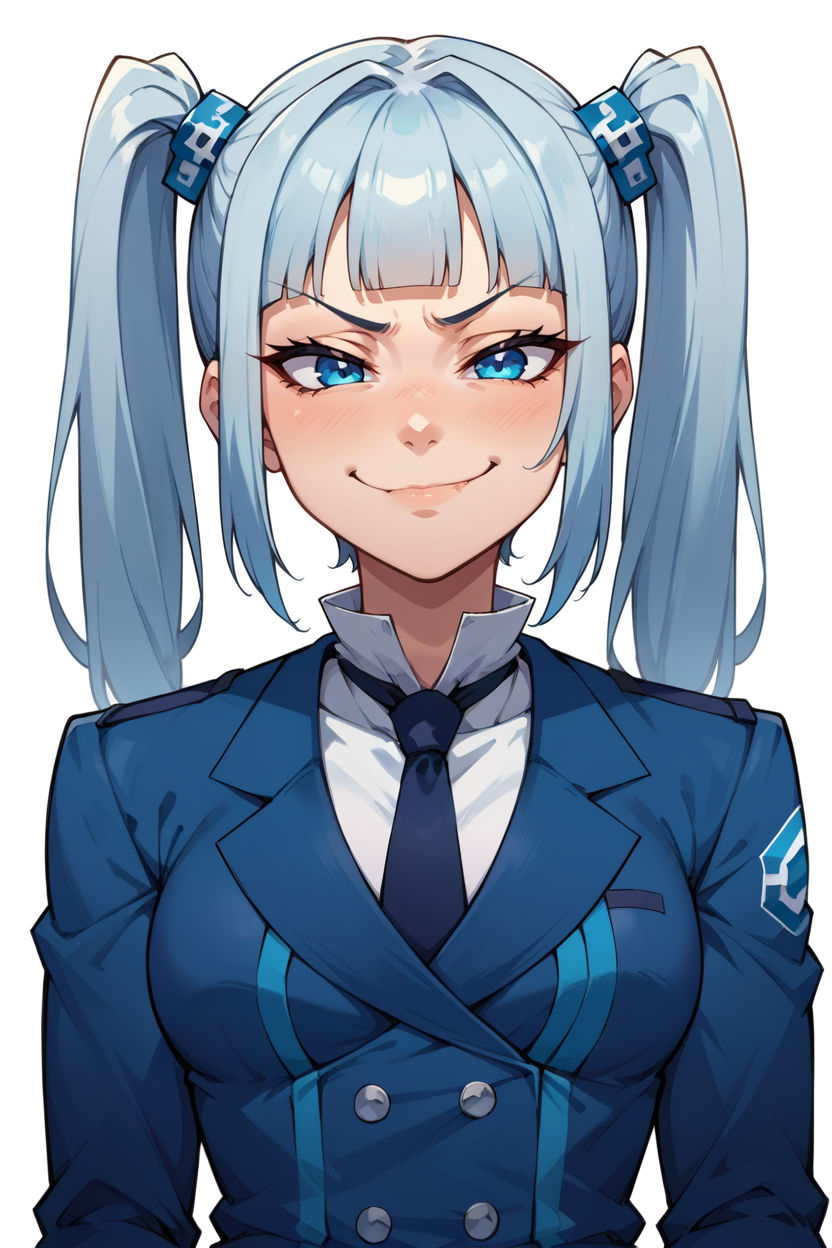 score_9, score_8_up, source_anime, 1girl, solo BREAK  <lora:gijinkaseries_rkn-chan_ponyXL:1> rkn-chan, twintails, hair ornament, blue jacket, necktie, long sleeves, blue pantyhose, upper body, smug, extremely smug, (smug:1.2), smile, closed mouth, looking down