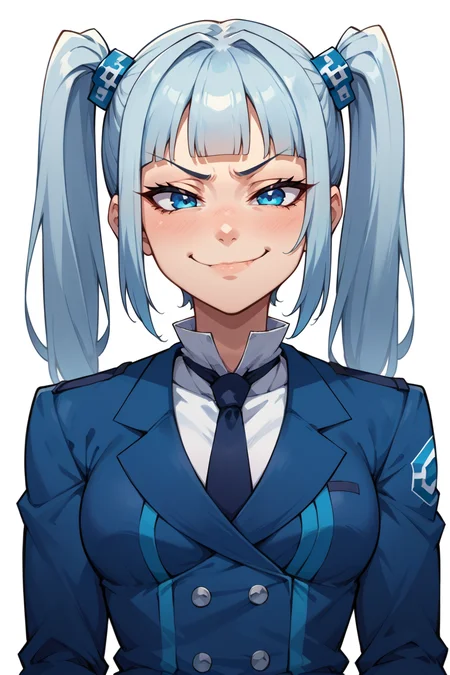 score_9, score_8_up, source_anime, 1girl, solo BREAK  <lora:gijinkaseries_rkn-chan_ponyXL:1> rkn-chan, twintails, hair ornament, blue jacket, necktie, long sleeves, blue pantyhose, upper body, smug, extremely smug, (smug:1.2), smile, closed mouth, looking down