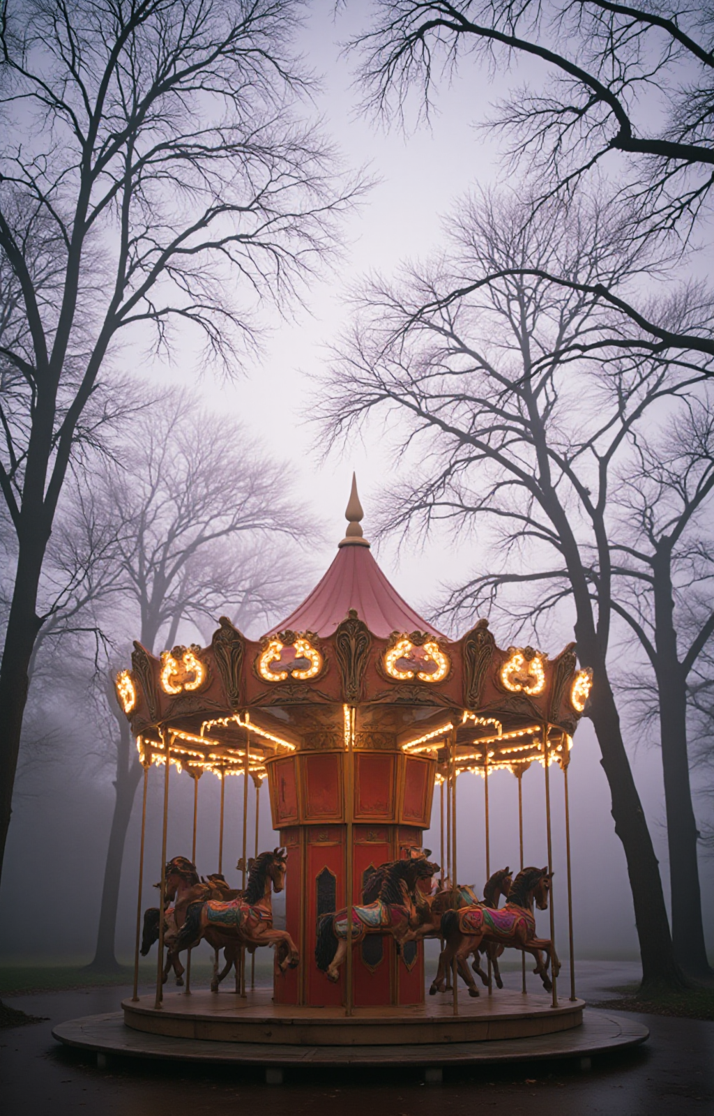 photograph of a vintage carousel set in a misty, foggy forest at dusk. The carousel, positioned centrally in the image, is adorned with intricate, ornate carvings on its canopy and base. The canopy, which is shaped like a pagoda, is painted in a faded, antique red with gold accents. The carousel is illuminated by warm, yellow lights that create a soft, inviting glow against the surrounding mist. The horses, painted in muted shades of red and brown, are arranged in a circle around the central pole., 
The background is enveloped in a thick, white fog that blurs the details of the surrounding trees and adds a mysterious, ethereal quality to the scene. The trees, bare of leaves, have thin, skeletal branches that stretch upwards, their outlines slightly visible through the mist. The ground is dark and wet, suggesting a damp, autumnal environment. The overall color palette is dominated by muted shades of pink, red, and brown, with the fog adding a touch of soft, diffused light. The photograph captures a nostalgic, almost melancholic atmosphere, evoking a sense of nostalgia and the passing of time., <lora:aidmaImageUpraderv0.3:0.4>, aidmaimageupgrader, <lora:diffusion_pytorch_model:1>, <lora:aidmaMJ6.1_v0.5_3:0.7>, aidmaMJ6.1, ultra quality, ultra detailed, intricate details
