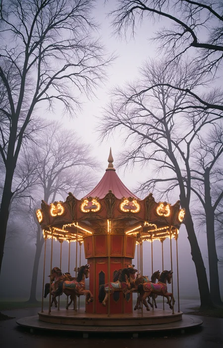 photograph of a vintage carousel set in a misty, foggy forest at dusk. The carousel, positioned centrally in the image, is adorned with intricate, ornate carvings on its canopy and base. The canopy, which is shaped like a pagoda, is painted in a faded, antique red with gold accents. The carousel is illuminated by warm, yellow lights that create a soft, inviting glow against the surrounding mist. The horses, painted in muted shades of red and brown, are arranged in a circle around the central pole., 
The background is enveloped in a thick, white fog that blurs the details of the surrounding trees and adds a mysterious, ethereal quality to the scene. The trees, bare of leaves, have thin, skeletal branches that stretch upwards, their outlines slightly visible through the mist. The ground is dark and wet, suggesting a damp, autumnal environment. The overall color palette is dominated by muted shades of pink, red, and brown, with the fog adding a touch of soft, diffused light. The photograph captures a nostalgic, almost melancholic atmosphere, evoking a sense of nostalgia and the passing of time., <lora:aidmaImageUpraderv0.3:0.4>, aidmaimageupgrader, <lora:diffusion_pytorch_model:1>, <lora:aidmaMJ6.1_v0.5_3:0.7>, aidmaMJ6.1, ultra quality, ultra detailed, intricate details