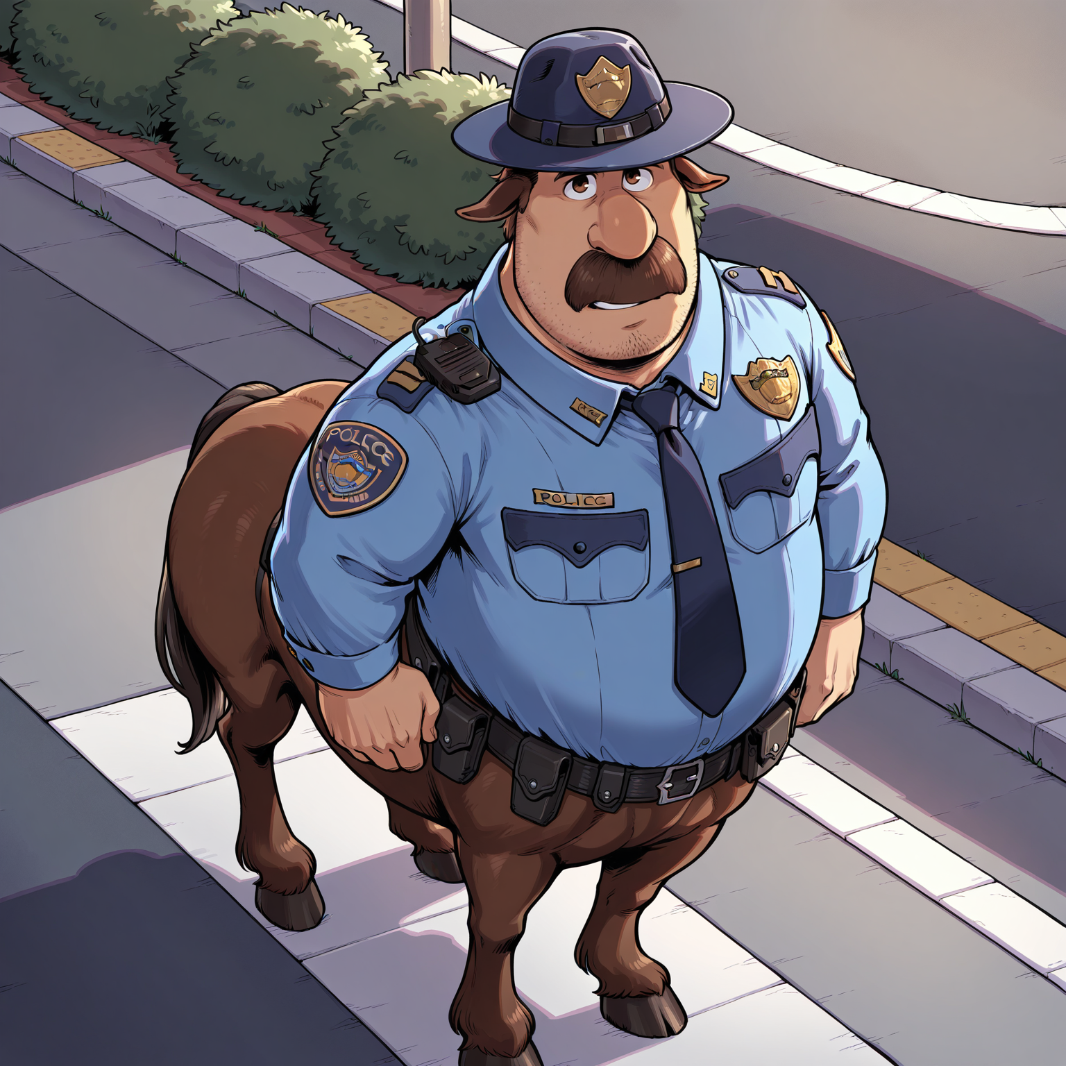 coltbronco, centaur, solo, police uniform, necktie, police hat, police badge, (walkie-talkie:0.8), name tag, from above and side, standing, full body, looking at viewer, sidewalk, neighborhood