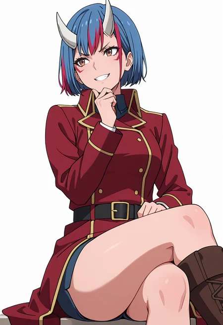 Smooth Quality,masterpiece,very intricate, high quality details, ultra realistic, high detailed skin,detailed enviorement,absurdres,
simple background, white background,solo, 
sitting, legs crossed, hand on chin, smiling, relaxed,  ,ohikaenasutte,angry,grimace, <lora:Gobwa_cnn:0.8> gobwacnn,1girl, short hair,blue hair, multicolored hair, facial mark, streaked hair,white horns, brown eyes,shirt,red jacket, red coat, black belt, double-breasted, boots,