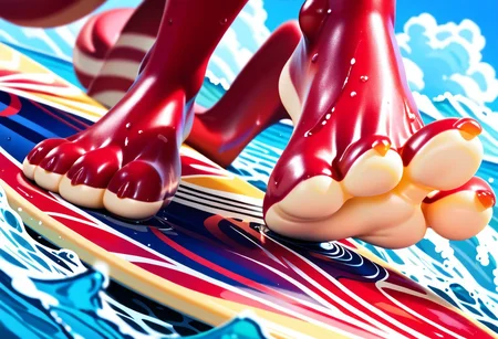 score_9, score_8_up, score_7_up, score_6_up, score_5_up, score_4_up, 1girl, furry female, alice, red squirrel, barefoot, red feet, 3 toes, foot focus, water, surfing, feet on surfboard, wet on feet, close-up