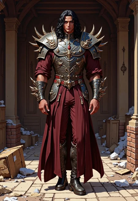 trashpunk, photograph of a muscular man in medieval fantasy armor, realistic style, close-up shot of a person wearing intricately designed armor, dark maroon and black colors, dragon motifs, scales and textures, detailed craftsmanship, shiny metallic finish, shoulder pauldrons with dragon heads, gauntlets with scale patterns, (torso plate with a ((large ornate dragon coiled around the chest))), armored sleeves and legs, the background is a medieval courtyard with trash on the ground, high contrast, reflective surfaces, no visible weapons or accessories, realistic texture and detail, fantasy theme, armor looks heavy and robust, no visible seams or joints, sleek and polished look, person appears to be male, medium build, dark hair partially visible, professional photography, high resolution,