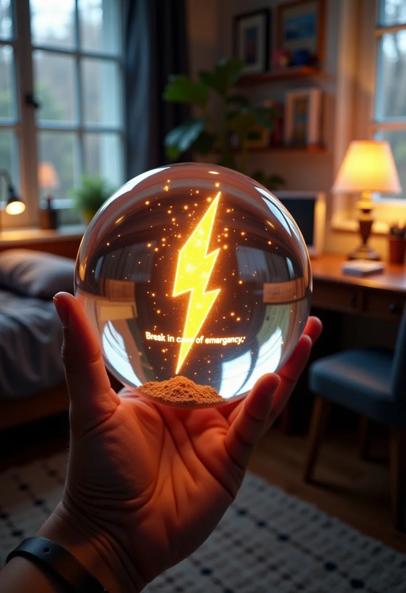 Create a high-quality, hyper-realistic, and extremely detailed image of a glass orb held by a hand in a bedroom. Inside the orb, a glowing thunderbolt emoji symbol is floating, emitting a vibrant, pulsating light. The phrase "Break in case of emergency" is clearly displayed under the emoji within the orb. The glass orb is perfectly clear, with subtle reflections and refractions that enhance the realism of the scene. The bedroom is cozy and well-lit, with a wooden desk, a soft rug, and a few personal items like books and a lamp. The image is slightly zoomed out to showcase the entire sphere, creating a serene and intriguing atmosphere. The lighting is soft and natural, with the desk lamp casting gentle shadows and highlights, making the scene feel both magical and realistic.