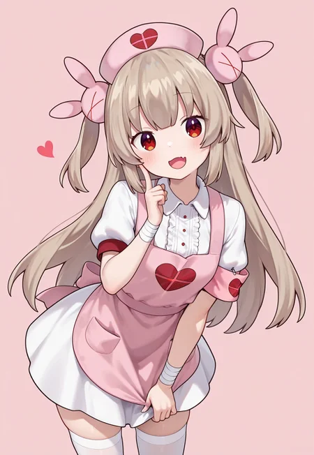 ,masterpiece,extremely detailed face,best quality,amazing quality,newest,absurdres,highres, super detailed skin,1 girl ,indiesana,small breasts,red eyes,light brown hair,skin fang,long hair,two side up,rabbit hair ornament,indiesanacos,white shirt,collared shirt,center frills,puffy short sleeves,single armband,pink apron,heart,white skirt,white thighhighs,nurse cap,open mouth, head_tilt , finger_to_cheek ,pink_background