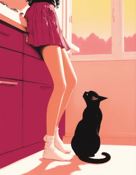 1girl, standing, kitchen, feeding pet, black cat rubbing against leg, purring, realistic drawing, no human, masterpiece, very aesthetic, absurdres, drop shadow, casual, traditional media, limited palette, twilight, blending, socks, no shoes, pleated skirt,