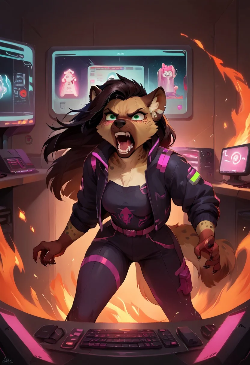 score_9, score_8_up, score_8, source_furry, 1girl, long hair, anthro hyena girl, black hair with pink streaks, cyberpunk outfit, tech tools, inside a huge computer server room, computer servers on fire, using fire extinguisher , angry, screaming